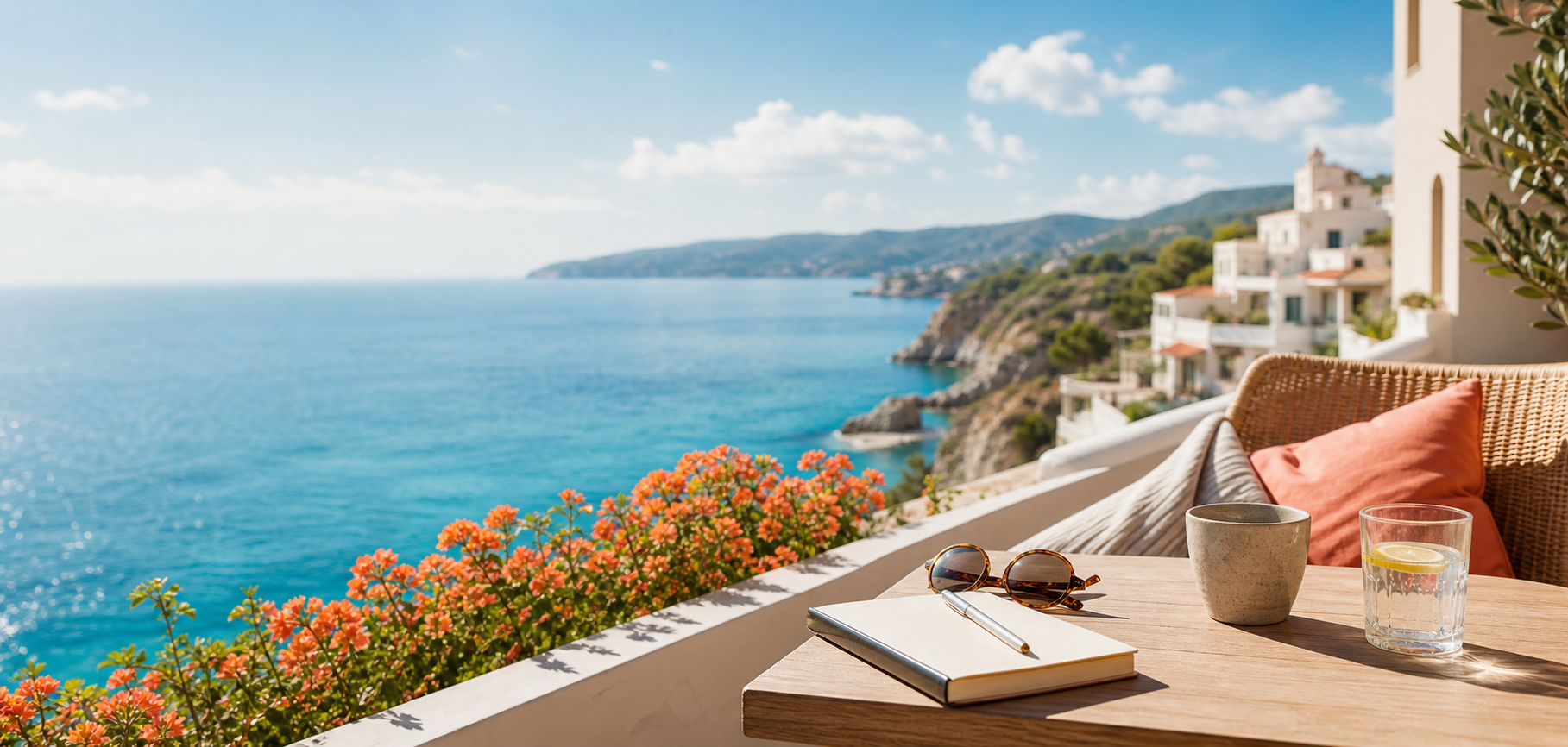 Sunny coastal terrace overlooking blue water